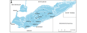 Mapa del lago Erie que muestra los lugares de amarre en la cuenca central del lago Erie