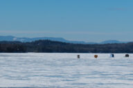 Image of various structures on Long Lake where people are ice fishing. A sturdy foundation of lake ice is necessary for this activity