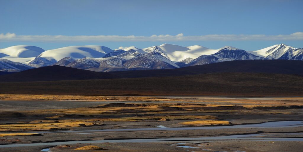 Snow Mountain Landscape of Tibet. A region dominated by lakes and glaciers triggering GLOFS and the formation of thermokarst lakes.