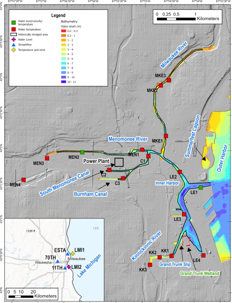 Map of the Milwaukee Estuary showing bathymetry as well as location of the Menomonee, Milwaukee, and Kinnickinnic Rivers, Lake Michigan, Inner and Outer Harbors, Grand Trunk Slip and Wetland, Burnham Canal, South Menomonee Canal, and data collection sites for the present thermal regime study.