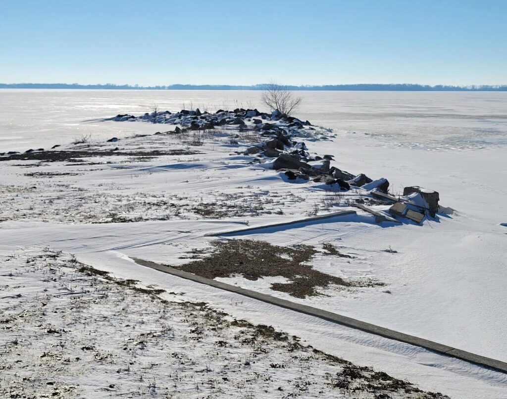 Grand Lake St. Marys covered in ice and snow