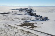 Grand Lake St. Mary's covered in ice and snow