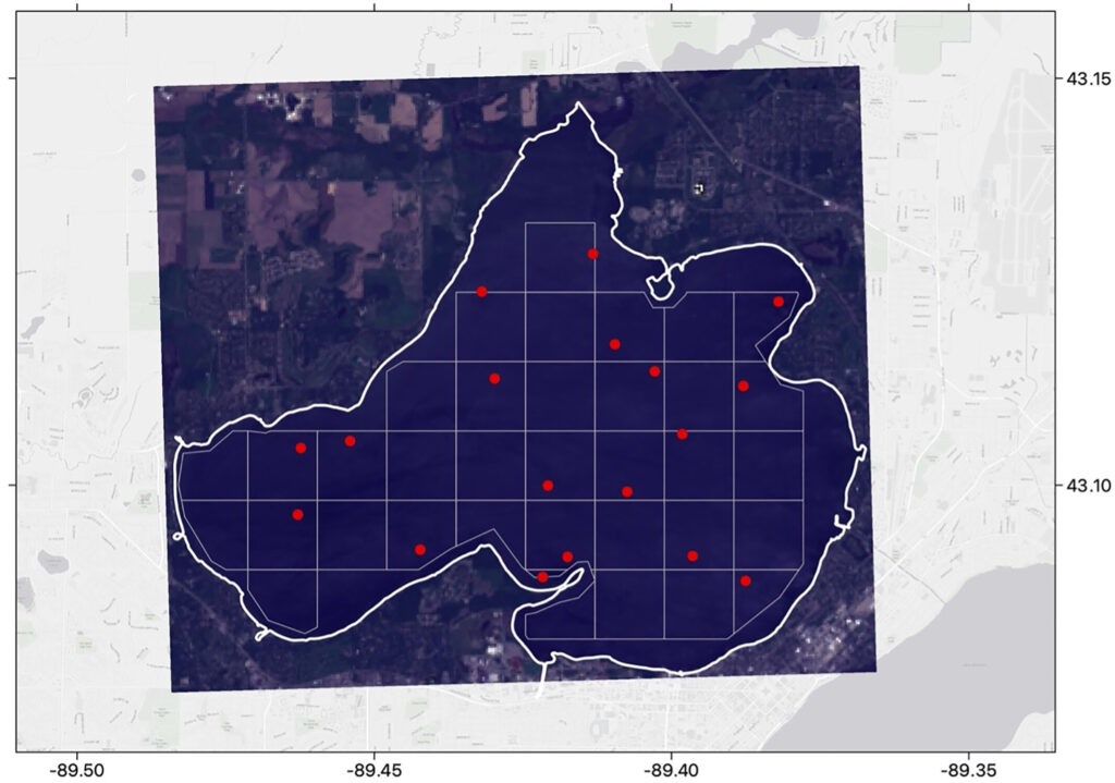 Lake Mendota sampling campaign on 2021-09-25 coinciding with a Sentinel-2 overpass. The Sentinel-2 image is pictured in real color at 60 m2 resolution. Red dots represent sample locations.